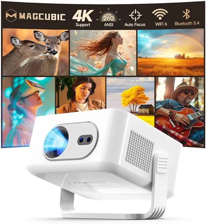 Magcubic Mini Proyector 4K, Proyector Portátil Compatible con 8K con WiFi 6, BT 5.4, 260 ANSI, Autofoco y Corrección Trapezoidal Automática para Home Cinema, Oficina y Camping