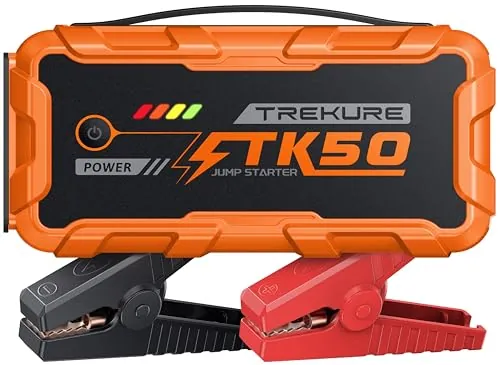 TREKURE Arrancador de Baterias de Coche 10000A (12L Diésel y Todo Gasolina), Arrancador de Coches Portátil con 18W Carga Rápida, 12V Jump Starter con Pinzas Reforzadas y 800 LM Linterna LED