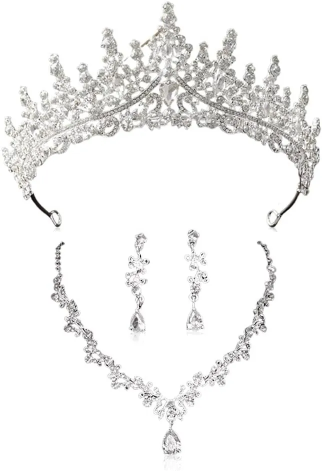 Elegante Set de Joyería de Novia de 3 Piezas con Corona Brillante Collar en V y Pendientes de Gota Joyería de Lujo para Bodas y Ocasiones Especiales