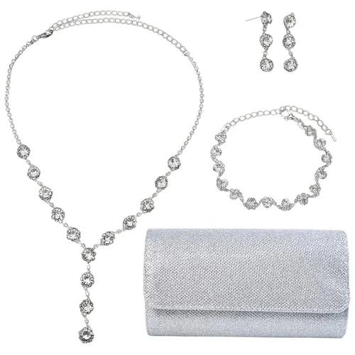 SSKHE Juego de joyas de boda para novia, bolso de mano plateado, pendientes, pulsera, collar de diamantes de imitación, joyería de fiesta para novias y damas de honor, accesorios de boda