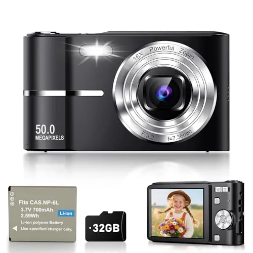 Camara de Fotos Digital Compacta, 50MP 1080P Digitales Camaras con Pantalla de 2,4”, 16X Zoom Digital, Mini Video Cámara Flash Antivibración para Infantil, Principiantes y Adultos, 32G Negro