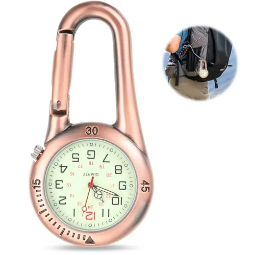 Reloj de bolsillo digital para enfermera, multifuncional digital, reloj de enfermera, pequeño mosquetón con mosquetón luminoso, reloj de bolsillo con mosquetón, color cobre, Color bronce, Exterior