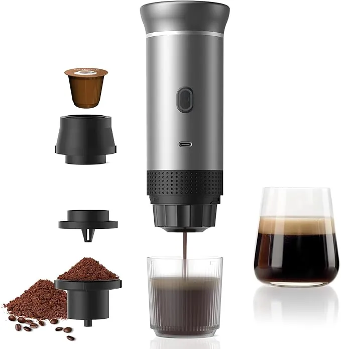Vunzo Cafetera de café espresso eléctrica portátil, autocalentamiento con USB-C, cafetera de cápsula, minicafetera de viaje, cafetera de camping