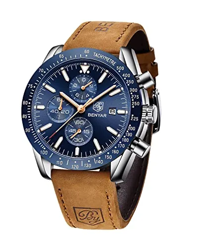 BENYAR Relojes Hombre Analógico Cronografo Impermeable Luminoso Fecha Reloj Pulsera Hombre Negocios Casual Relojes Elegante Regalo para Hombre,Marrón Azul