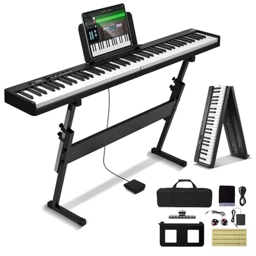 VEVOR Teclado de Piano Plegable 88 Teclas Bluetooth y MIDI Piano Electrónico Digital Portátil Soporte Pedal de Sostenido Teclas Iluminadas Recargable para Principiantes, Adolescentes, Adultos, Negro