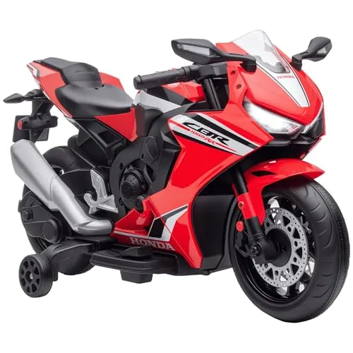 HOMCOM Moto Eléctrica con Licencia Honda para Niños de 3-5 Años Moto a Batería 6V con Faro Bocina Música y Ruedas Auxiliares Extraíbles Carga 30 kg 90x44x52 cm Rojo
