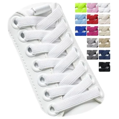 Puzeam 2 pares de Cordones Elásticos - Cordones Elásticos sin nudo con Hebilla Metal, planos, Cordones de Zapatos Para Niños, Adultos blanco 120