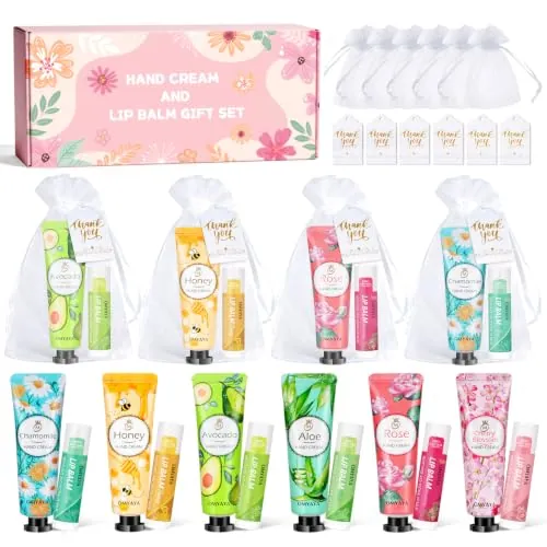 6 mini cremas de manos + 6 bálsamos labiales, regalo para mujeres y hombres | Pequeños regalos para Navidad, cumpleaños, para rellenar bolsas de fiesta, para hidratar manos y labios