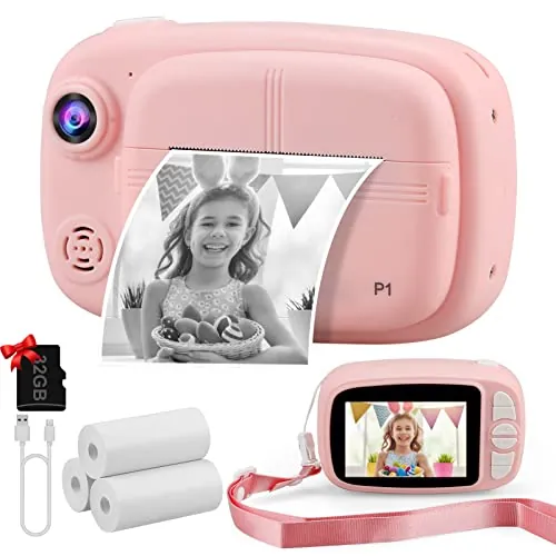 Misilmp Cámara Instantánea Niños, 3,5" 1080P Cámara Fotos Infantil con 4 Rollos de Papel de Impresión y Tarjeta SD de 32GB, 12MP Instantáneas Cámaras Niña para 3 a 14 Años Regalos Juguete (Rosa)