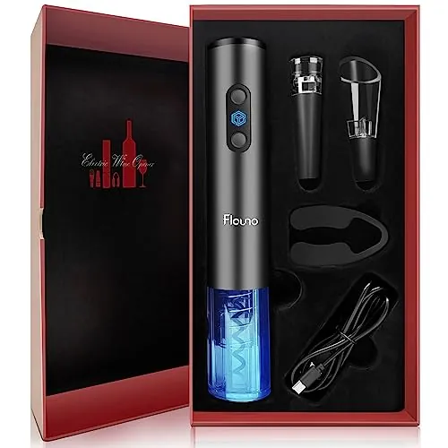 Flauno Sacacorchos Eléctrico 6 en 1 Inalámbrico, Abridor de Vino Automático con Tapón al Vacío y Decantador, Abrebotellas para Vino Tinto, Ideal para Fiestas, Citas y Regalo, Gris