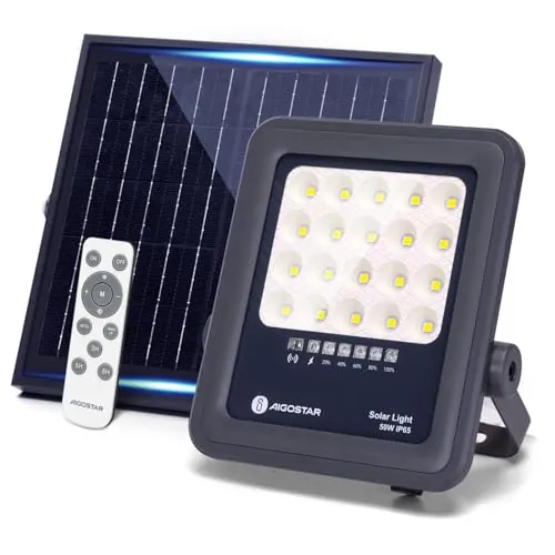 Aigostar Foco proyector LED solar con control remoto,focos solare de 50W, 500LM,luz blanca fría de 6500K,IP65 impermeable Luz solar exterior,para jardín,terrazas,caminos,garajes,cable de 2M