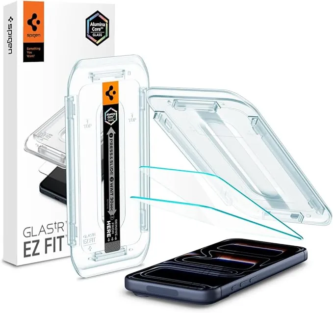 Spigen Glas.tR EZ Fit Protector Pantalla para iPhone 17, iPhone 17 Pro, iPhone 16 Pro, 2 Unidades, Instalación Fácil, Alta Definicion, Dureza 9H