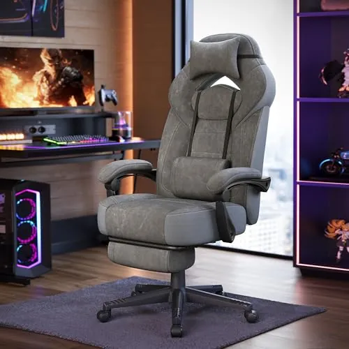 SONGMICS Silla Gaming, Silla de Oficina, Ordenador, Diseño Ergonómico, con Reposapiés, Reposacabezas Ajustable, Cojín Lumbar, Capacidad de Carga 150 kg, Gris Pizarra OBG077G01