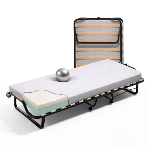 Cortassa - Cama Plegable con colchón de Espuma viscoelástica Memory Foam de 10 cm - Somier Individual con Listones de Madera de 80 x 200 cm - Cama Ahorra Espacio con Ruedas