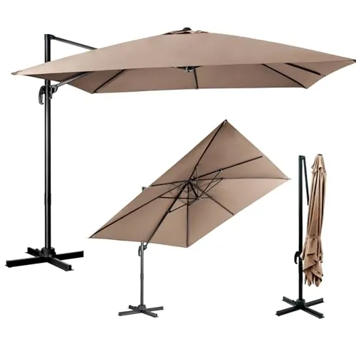 COSTWAY Sombrilla Terraza Exterior 3x3M con Base Cruzada, Sombrilla Jardin Rectangular, 3 Inclinaciones, Rotación 360°, 8 Varillas, Parasol Excentrico Grande Jardin Terraza Patio (Café)