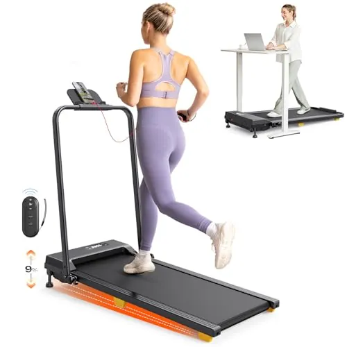 Cinta de Correr Plegable con Inclinación de 9%, 2.5HP Cinta de Andar Eléctrica Debajo Escritorio, Walking Pad Compacta para casa y Oficina, Modo HIIT de un Toque, no Requiere Ensamblaje, Pantalla LED