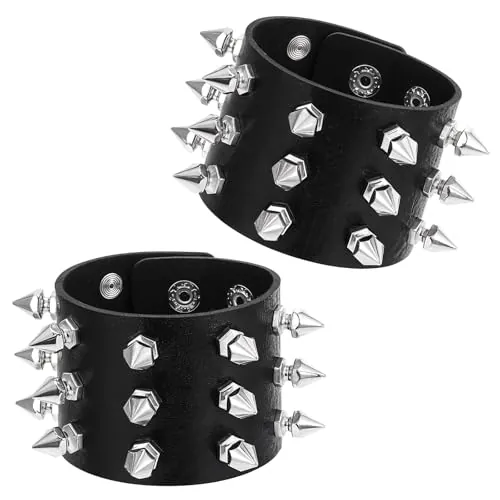 JIYIN Pulsera de Cuero Punk Rock Gótica Tachonada, Correa Ancha de los Años 80 Con Puños Ajustables para Hombres y Mujeres