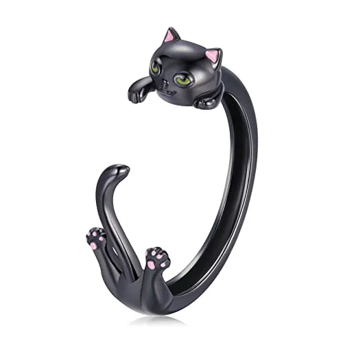 Qings Anillo Gato Ajustable para Mujer Plata de Ley 925 Animal Abierto Anillos Gatito de Pistola Negra Plateada Anillos Regalos de Cumpleaños para Niñas