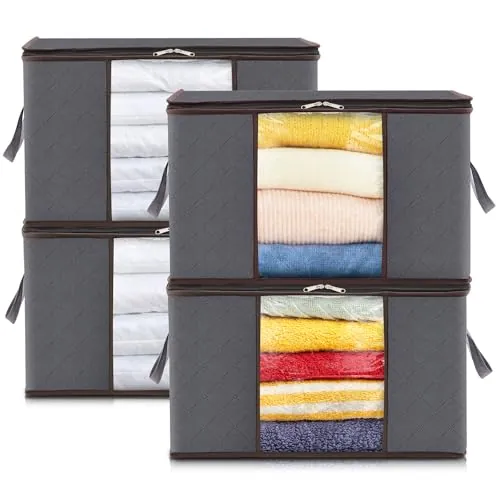 Lifewit Cajas Almacenaje Ropa Plegable con Asa Reforzada, Organizador Armario de Tejido Resistente y Ventana Transparente, Bolsas para Guardar Ropa, Mantas, Gris, 75 L, 4 Piezas