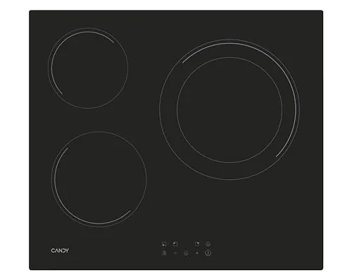 Candy CH63DCC Placa vitrocerámica 60 cm, 3 zonas de cocción, doble zona paellera de 28 cm, control táctil, 9 niveles de potencia, sistema de seguridad, color negro