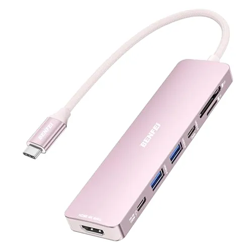BENFEI Hub USB C 7 en 1 con HDMI (4K@60Hz), 2*USB-A, 1*USB-C de Datos, Carga 100W, Lector de Tarjetas SD/TF, Cable de Silicona antienredos Compatible con MacBook Pro/Air, iPad Pro, iMac, iPhone 16/15