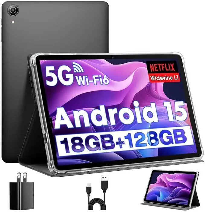 Tablet 10 Pulgadas, Tableta Android 15 con Funda, Unisoc T30 Quad-Core, 18 GB RAM + 128 GB ROM + 1 TB TF, Pantalla HD IPS 1280x800, Cámara Dual 5MP + 8MP, 6000 mAh, WiFi 6, BT 5.0, Widevine L1 (K70)