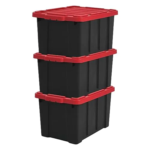 Iris Ohyama 3 Cajas de Organización de Alta Resistencia, 50L, Rojo, Grande, Duradero, Apilable, para Garaje, Estantes, Mudanza, Plástico, Utilidad, Herramientas, DDSKT-450