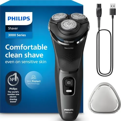 Philips Serie 3000 Afeitadora Eléctrica Hombre, Máquina de Afeitar Barba con Cortapatillas, 27 cuchillas, Cuida la piel, 60min de uso, En Seco y Húmedo, Recargable, S3145/00, Luna
