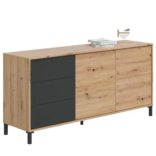 Habitdesign, Aparador 2 Puertas y 3 Cajones, Buffet para Salon, Modelo Brooklyn, Acabado en Color Roble Nodi y Gris Antracita, Medidas: 154 cm (Ancho) x 74 cm (Alto) x 41 cm (Fondo)