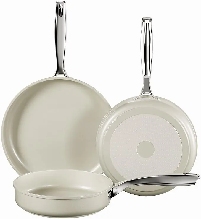 Sartén Antiadherente Induccion, Pequeña Sarten Recubrimiento Ceramica, Fondo de Aluminio Para un Calentamiento Uniforme, Con Mango de Acero inoxidable, Sin PFOA ni PTFE ni PFAS (Beige, 20/24/28cm)