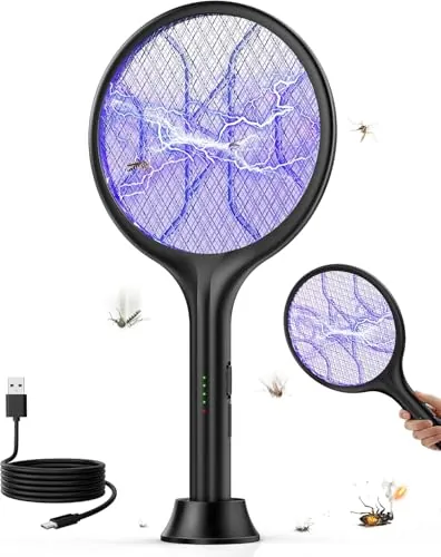 VIWAVE Raqueta Mosquitos Electrica 4000V, Matamoscas Electrico Recargable USB-C 1800mAh con Luz UV, Raqueta Antimosquitos 2 en 1 con Base Estable, Malla de Seguridad de 3 Capas, Negro
