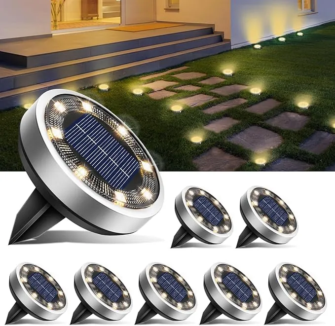 btfarm 8 Paquetes Luces Solares LED Exterior Jardin Suelo, 8 LED Luz Solar Exterior Jardin, IP65 Impermeable Lamparas Solares Suelo Camino, Césped, Patio, Terraza (Blanco Cálido)