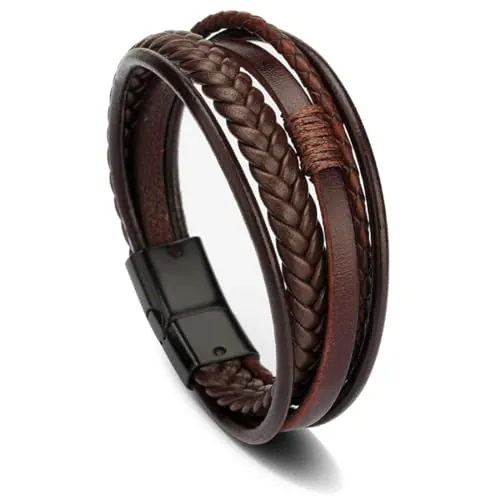Pulsera Cuero Hombre, Trenzada Hecha Cuerda Brazalete, Cerradura Magnética de Acero Inoxidable,Pulseras de Cuentas Cadena,para Hombres 21 cm, marrón