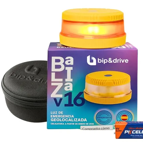 Baliza V16 Homologada DGT con Geolocalización | Luz de Emergencia Coche LED 360° 1km | Conectada DGT 3.0 | Resistente a la Lluvia | Indicador de Batería | Bip&Drive (Baliza + Funda)