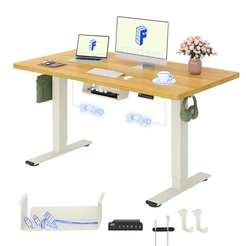 FLEXISPOT Escritorio Elevable Eléctrico con Tablero Completo y Doble Motor, 140x80 cm, Altura Regulable con Memoria, Accesorios incluidos, Sistema Anticolisión, Mousse Blanco+Arce