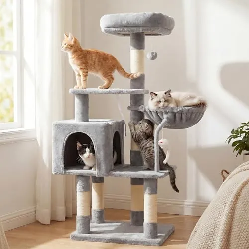 Hey-brother Árbol para Gatos, Árbol Rascador para Gatos, con Cama de Plataforma con cojín, Pelota de Juguete,Cueva cómoda, Hamaca y Poste de Arañar, Gris Claro 0EMPJ004SW-N-