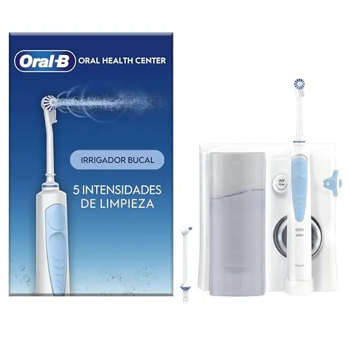 Oral-B Centro de Salud Bucal con Irrigador Dental, Blanco/Azul - 1 Cabezal Oxyjet y 1 Cabezal Water Jet, Irrigador Bucal con 5 Modos de Presión de Agua, Regalos Orginales