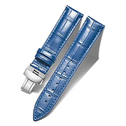 BINLUN Correa de Reloj de Cuero Correa de Piel Repuesto para Hombres/Mujeres con Hebilla de Despliegue Mariposa Plata/Oro/Oro Rosa 12mm-24mm 10 Colores (18mm, Azul-Hebilla de Plata)