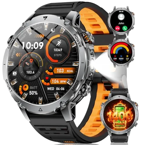 LIGE Reloj Inteligente Hombre 1400mAh Larga Duración, 1.7" Smartwatch Militar con Linterna LED, Llamadas Bluetooth, 120+ Deportes, 5ATM Impermeable,Android iOS,2 Cargadores,EF26-E