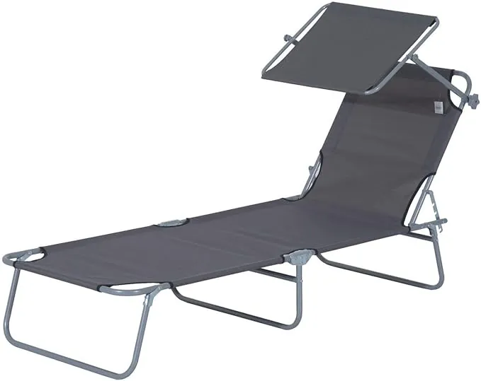 Outsunny Tumbona de jardín Plegable con Toldo Desmontable y Regulable Respaldo Reclinable para Jardín Terraza Acampada al Aire Libre 187x58x36 cm Gris