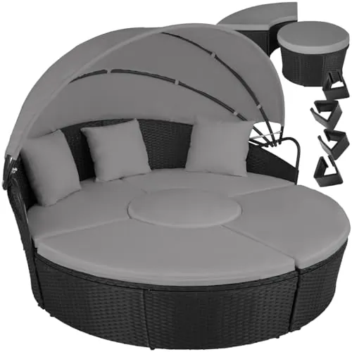 tectake® Isla de Ratán con Cojines, Conjunto Jardín con Toldo Corredizo Plegable, Muebles Jardín Exterior con Estructura en Acero y Resistente a Rayos UV, Conjunto Terraza Combinable - Negro