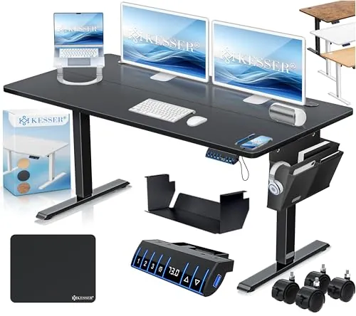 KESSER® Escritorio eléctrico Regulable en Altura, Escritorio Ergonómico de Bipedestación, Control de Memoria de 3 Funciones, Incl. Ruedas de 360° y Puerto de Carga USB, 140x70 cm - Negro
