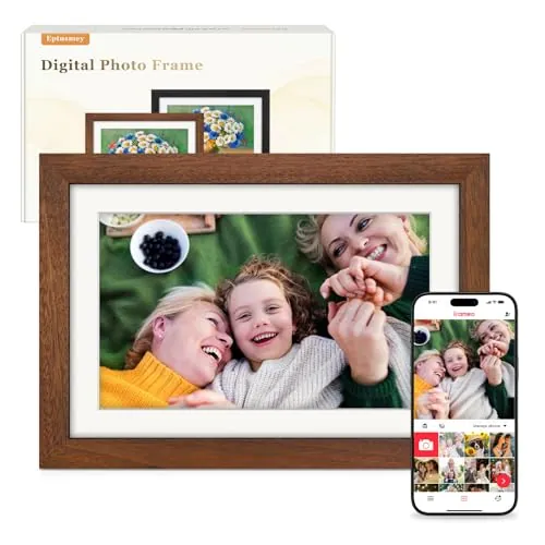 Frameo Marco de Fotos Digital WiFi 10.1 Pulgadas Madera de Nogal con Memoria Interna 32 GB Pantalla IPS HD 1280x800 Táctil, Comparte Fotos Videos por Frameo App/USB/SD, Regalos para Mujer Hombre