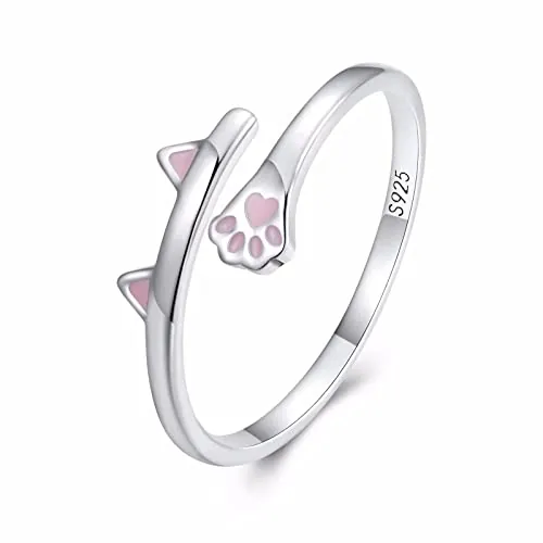 Qings Anillo Gato Ajustable para Mujer Plata de Ley 925 Anillos Abierto Animal Simple Lindo Gatito Anillos Regalos de Cumpleaños para Niñas Adolescentes