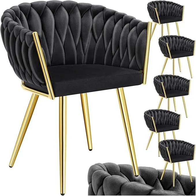 tectake® Juego De Sillas de Comedor, Silla Acolchada con Reposabrazos, Diseño Anudado, Estructura de Acero, Cocina, Sillas Comedor Nordica - 6 Sillas Negro/Oro