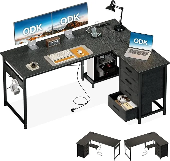ODK Escritorio Esquinero con Cajones, 135×100 cm Escritorio en L con Enchufes y Puerto de Carga USB, Escritorio Esquina Reversible con Almacenamiento para Oficina en Casa, Negro