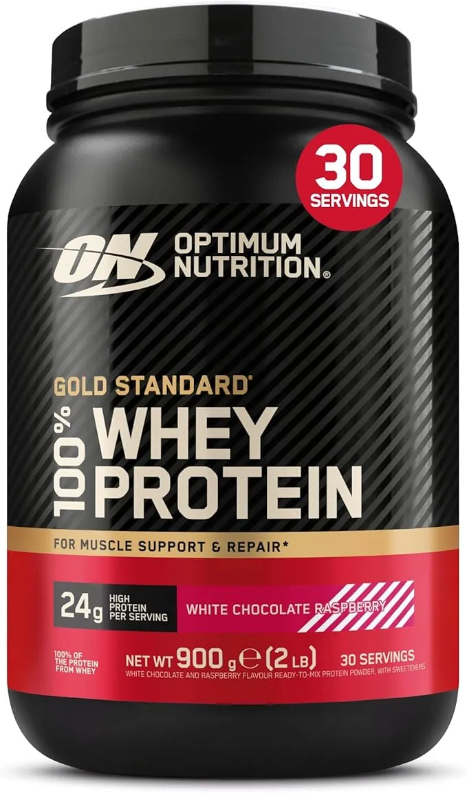 Optimum Nutrition Gold Standard 100% Whey, Proteína, Sabor Chocolate Blanco y Frambuesa, 900g, 30 Servicios, Paquete Puede Variar