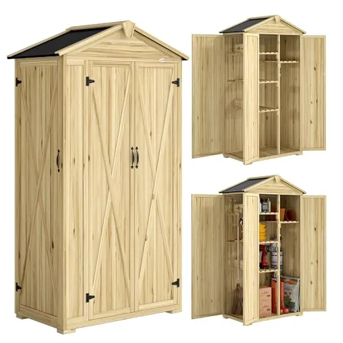 Outsunny Caseta de Jardín de Madera 93x53x168 cm, Cobertizo Jardín Exterior, Armario Exterior para Herramientas con Puertas Bloqueables, 4 Estantes, Techo Asfáltico Inclinado y Ganchos, Madera Natural