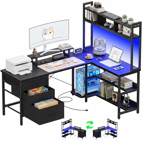 Homieasy Mesa Gaming en L 150cm con LED, Enchufes y Cajones, Negro