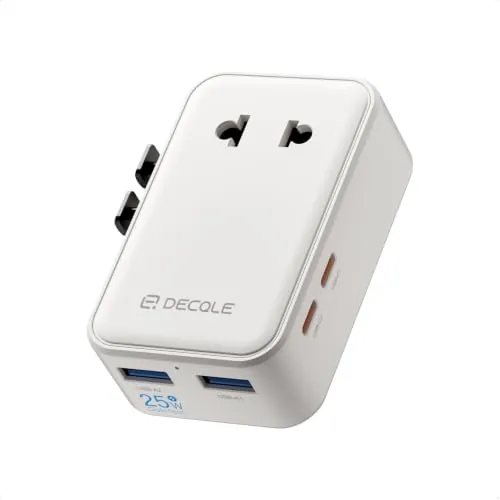 decqle “Air” Adaptador Enchufe Universal con 2 USB-C(PD 25W) ＆ 2 USB-A | Adaptador de Viaje, NO Un Convertidor de Tensión, para EU, Reino Unido, Americano, Canadá, Australia & 200+ País (Blanco)